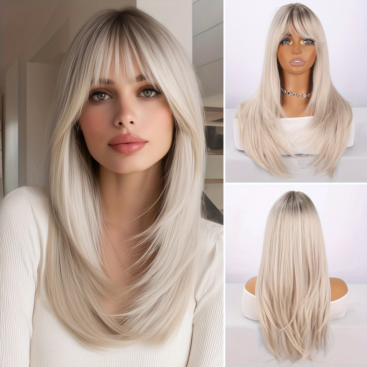 26 - Inch Elegant Women'S White Ombre Straight Wig With A - Line Bangs. Made Of Heat - Resistant Synthetic Fiber, Glue - Free, Breathable & Ultra - Light For All - Day Comfort And A Natural Look. Perfect For Daily Wear, Festivals And Parties