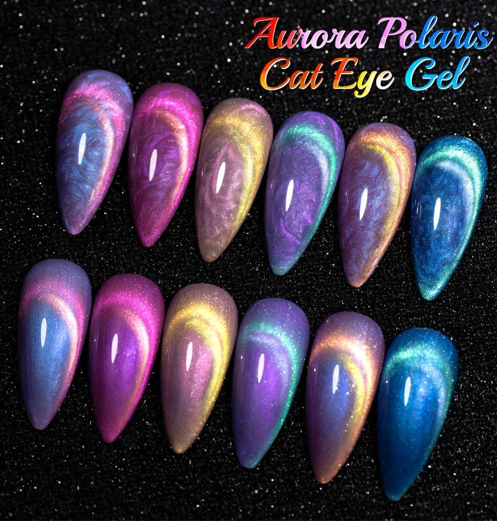 PUENTE 6pcs/set Aurora Shell Thread Cat Magnetic Gel Nail Polish With Magnet Semi-Permanent Nail Art 9D Aurora Glitter Pearl Cat Eye Gel Varnish, Soak Off Light Cured, Manicure Kit For Home Nail Salon Gift For Women