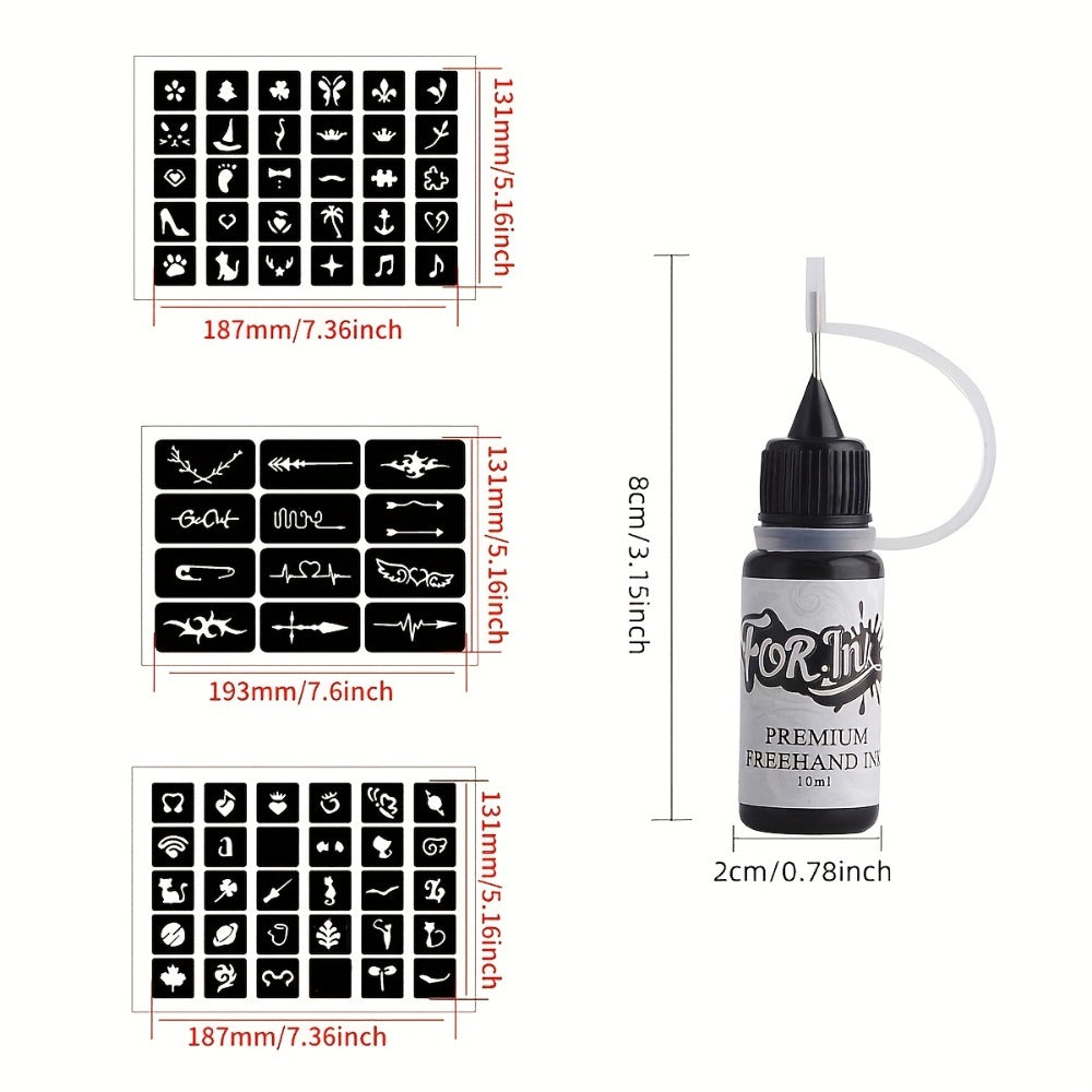 8 Bottles For. Ink Tattoo Ink Set, Mixed Color System, Hollow Template Stencils, Semi-Permanent Body Art, Waterproof, Long-Lasting, Creative Design for Parties, Holidays, Special Occasions