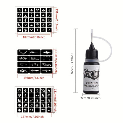 Tattoo Ink Set 8 Bottles — Semi-Permanent Waterproof Body Art Ink with Hollow Stencils, Mixed Colors, Long-Lasting Formula for Parties, Festivals & Special Occasions