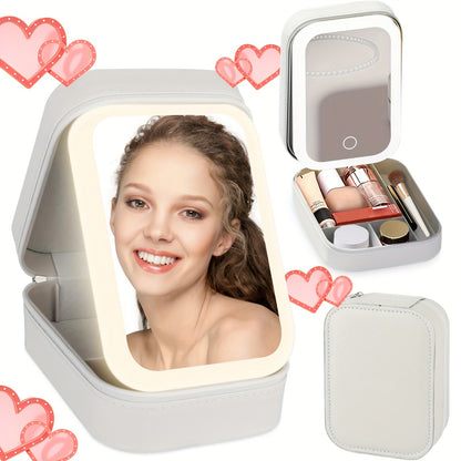 Lighted Makeup Mirror with Travel Case Cosmetic Bag Organizer - Adjustable 3-Color LED Light 1200mAh Rechargeable Portable Vanity Mirror for Women Gift