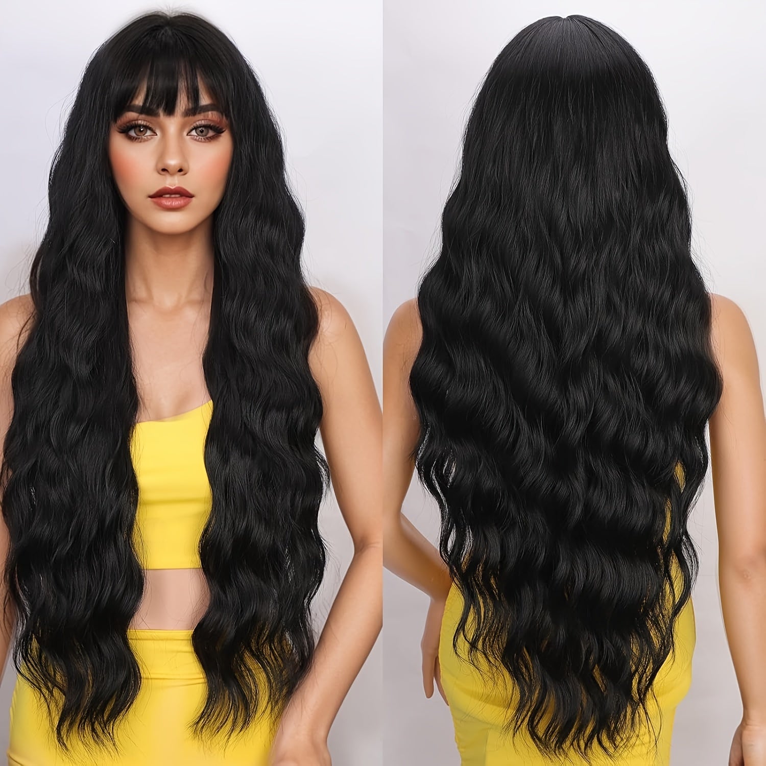 Daily Wear Wig| Elegant 28" Black Body Wave Wig with Bangs - Heat-Resistant Synthetic Curly Fashion Wig for Women, Natural Look for Daily Use & Holiday Parties, Wig Accessories