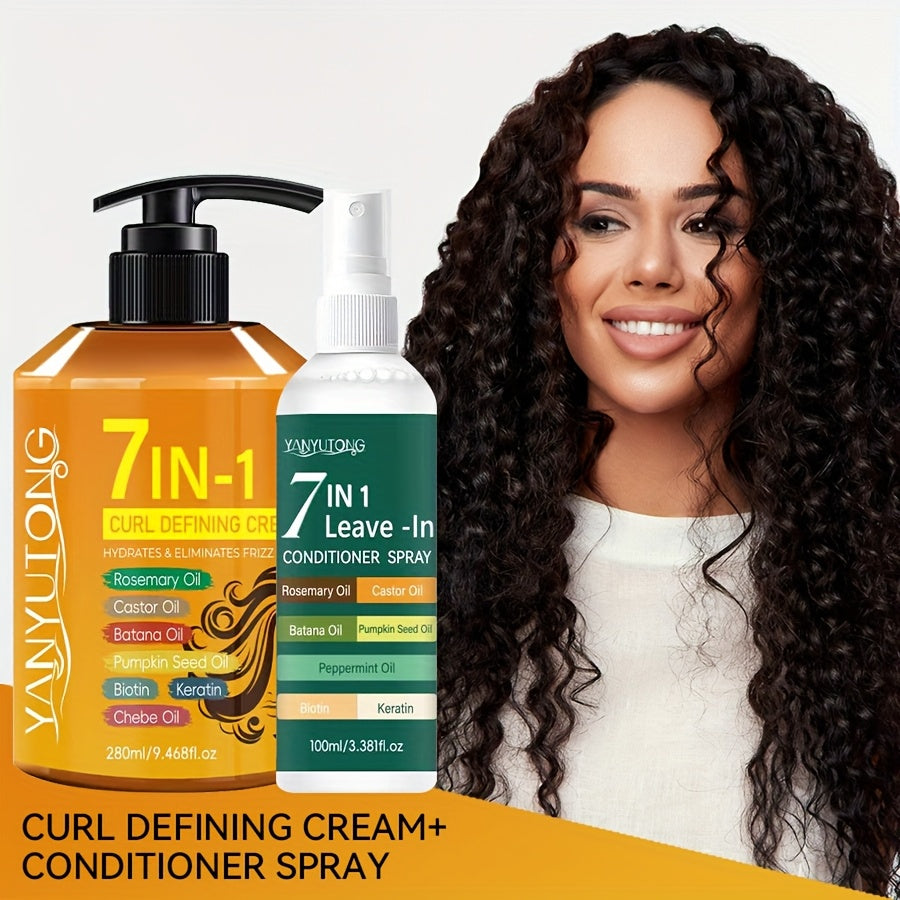 [2-Pack]Upgraded 7-in-1 Hair Styling Cream 9.47oz + 7-in-1 Fragrance Leave-in Hair Spray 3.38oz - with Rosemary/Castor/Batana/Pumpkin Seed Oils, No-rinse Anti-frizz for Lasting Moisture, Voluminous Curls & All Hair Types (Long-lasting Scent)