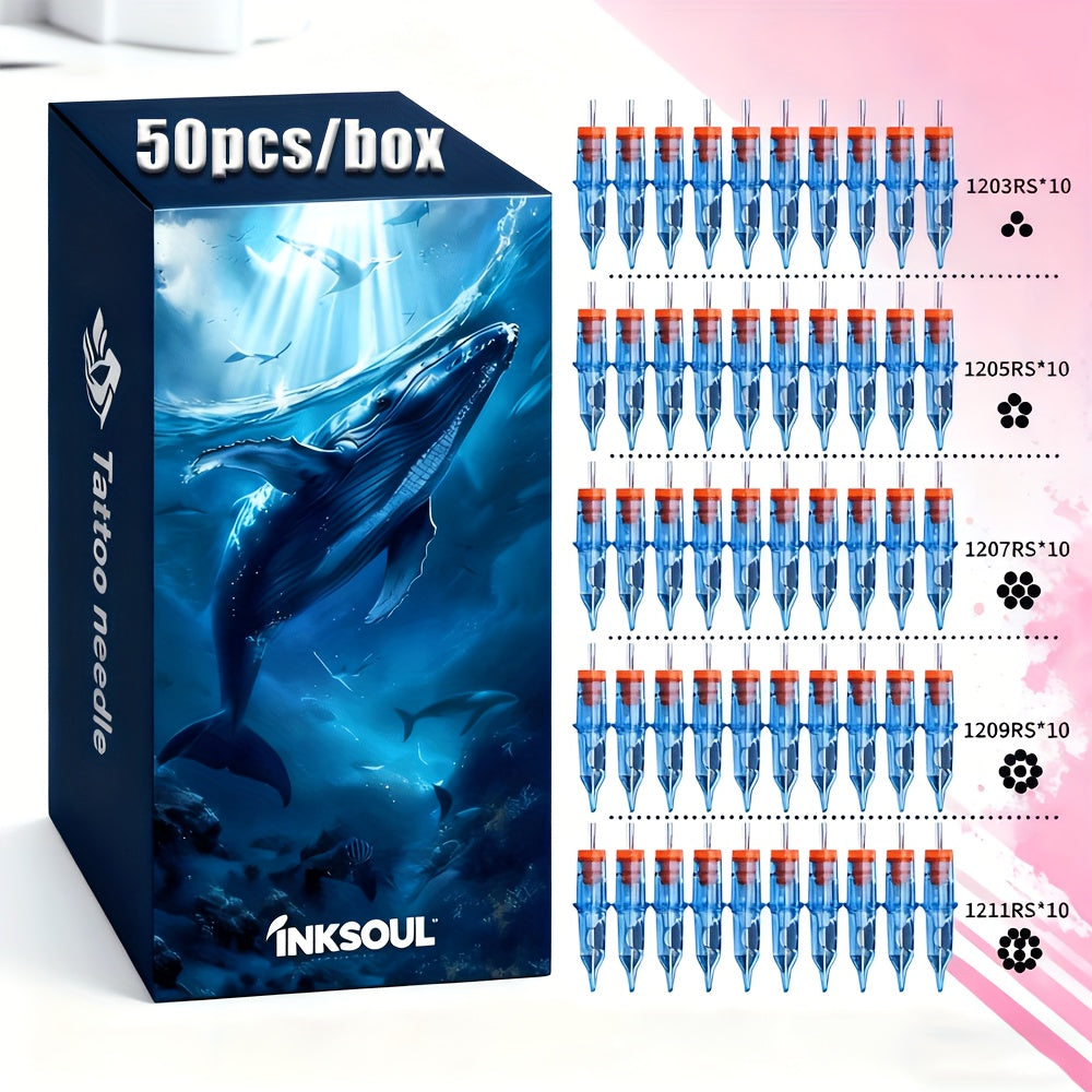 Tattoo Cartridge Needles 50PCS Blue Whale Round Shader Mixed Size Sealed Disposable Cartridge Needle Set for Tattoo Machine Pen Compatible with All Rotary Tattoo Machines Artists & Beginners