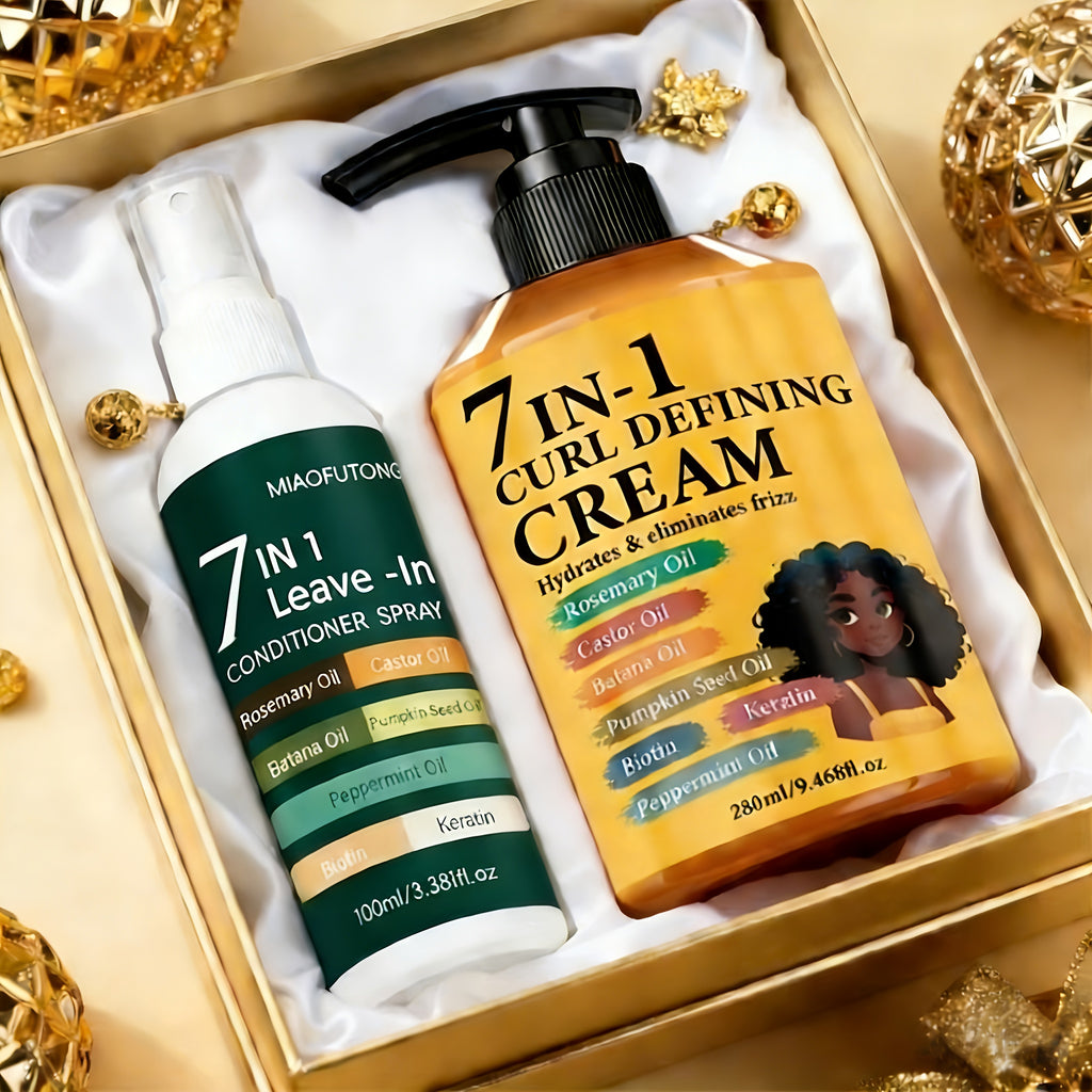 2pcs Set [Upgraded Version] 7-in-1 Hair Styling Cream 9.47oz + 7-in-1 Fragrance Leave-in Conditioner Spray 3.38oz, Containing Rosemary Oil, Castor Oil, Batana Oil, Pumpkin Seed Oil, Peppermint Oil, Biotin, Keratin.