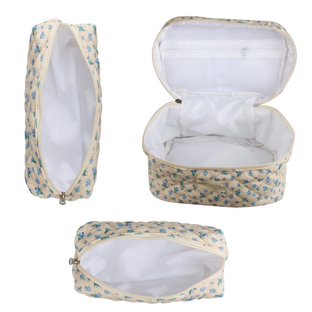 Large Capacity Dual Layer Cotton Makeup Cosmetic Bag (3PCS), Cute Quilted Travel Coquette Aesthetic Floral Make up Bag for Women Toiletry Bag (Blue Rose)