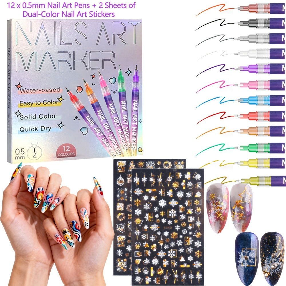 12pcs DIY Nail Art Pens Fashion Nail Art Fine Decorations - Easily Create Complex Designs - Easy-to-Use Multi-Occasion DIY Nails - 0.5mm Nail Art Pen Set - Ideal Christmas & New Year Gift
