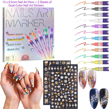 Nail Art Pens Set 12Pcs 0.5mm Fine Tip Round Head Nail Art Brush for DIY Nail Designs Detailed Line Drawing Nail Decoration Tools for Beginners and Professionals