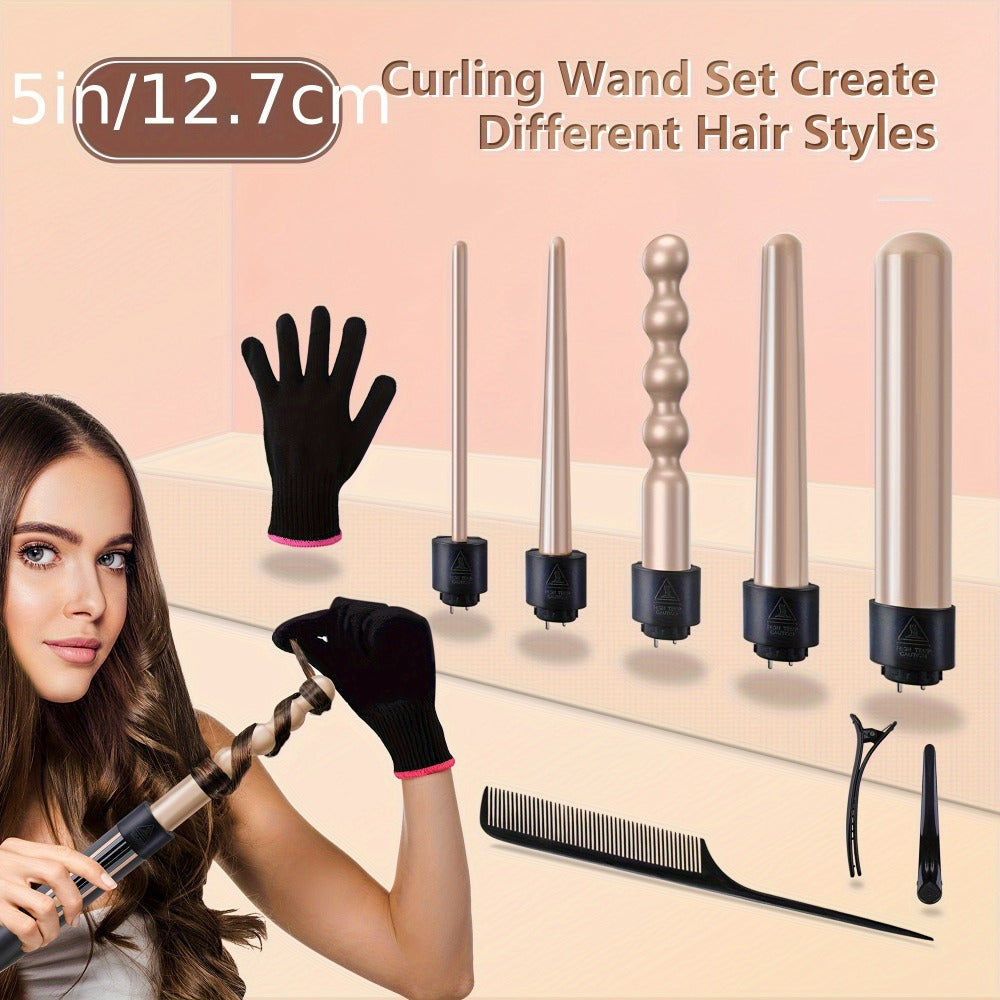 Curling Wand Set 5-in-1 — Ceramic Interchangeable Barrels 0.4”–1.25”, 30s Fast Heat, Dual Voltage Hair Curler Iron for Women, Long & Short Hair Styling with Heat-Resistant Glove