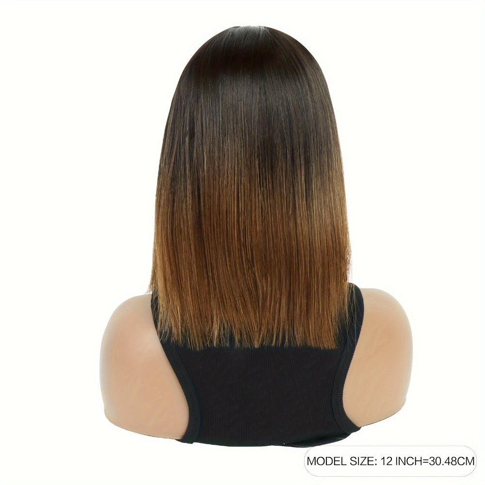 U Part Lace Bob Wig Ombre Black Brown Straight Synthetic Hair - 13x2 Lace Front Short Bob Wig for Women Natural Hairline 12 Inch