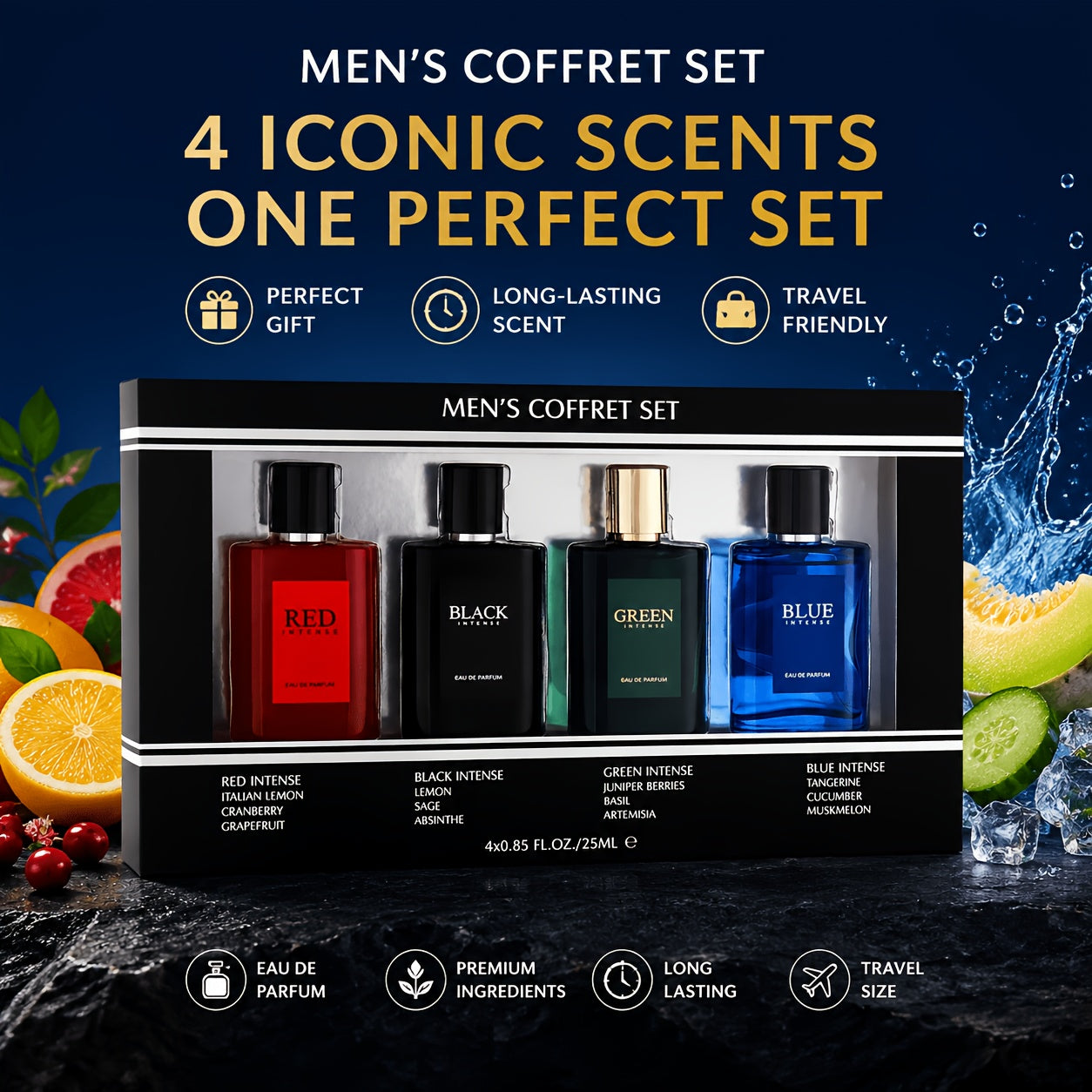[Holiday Gifts] 4pcs Set, Men's Eau De Toilette Spray Gift Box, Long Lasting Fragrance, 4 Different Flavor, Perfect for Holiday Gifts, Dating, Daily Life, Parties, 0.85fl.oz/bottle