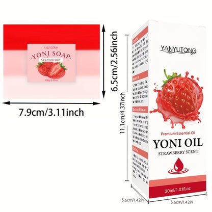 Yoni Wash Set for Women 4pcs Strawberry Scented Yoni Oil Yoni Soap Feminine Hygiene Bath Set pH Balance Odor Control Moisturizing Intimate Care Products