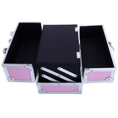 Makeup Train Case with Wheels - Large Aluminum Cosmetic Trolley Organizer, Lockable Travel Makeup Artist Box with Adjustable Dividers, Black Silver Pink