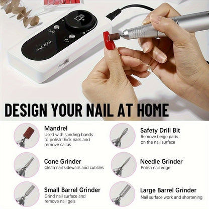Nail Drill Machine 45000 RPM Brushless Motor Rechargeable Electric Nail File with LCD Screen 6 Bits Kit for Gel Acrylic Manicure Pedicure Home Salon Professional