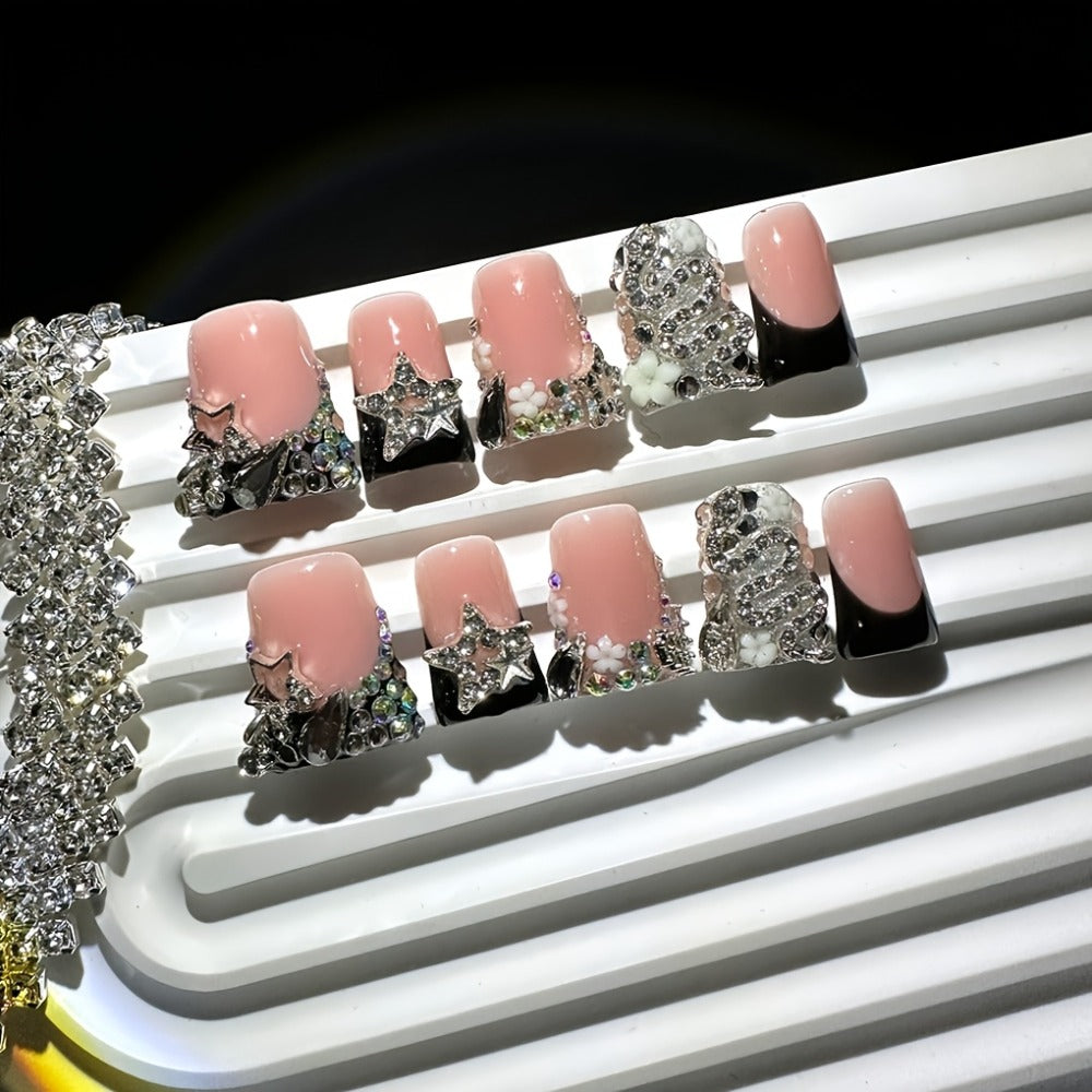 10pcs Short Duckbill Black French Style with Silvery Snake Full Diamond Shiny Stars Handmade Press on False Nails Suitable for Weddings Parties Birthday Gifts