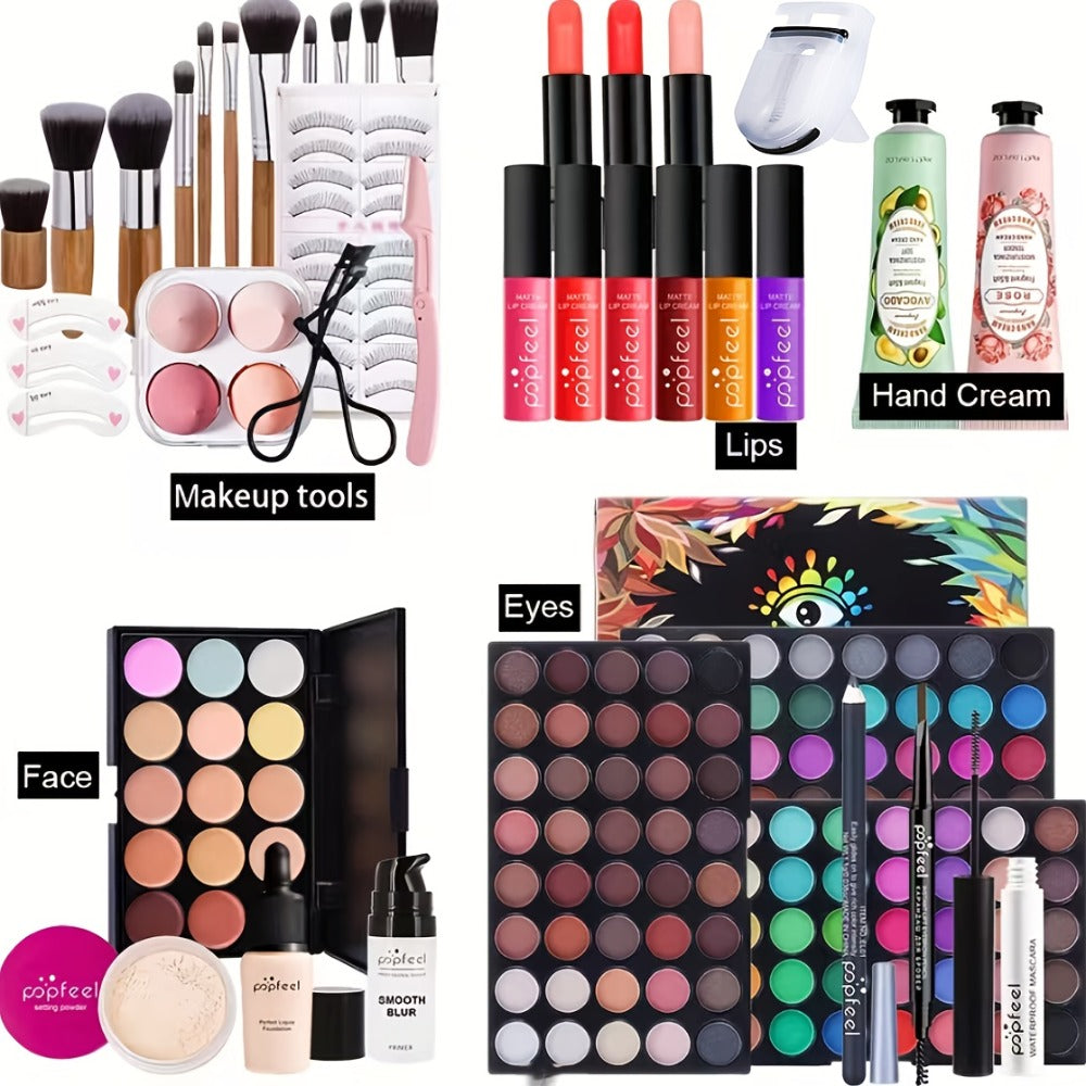 Makeup Kit Full Face POPFEEL All-in-One Eyeshadow Palette Blush Foundation Mascara Brush Set Berry Neutral Shades Gift Set for Women Beginners
