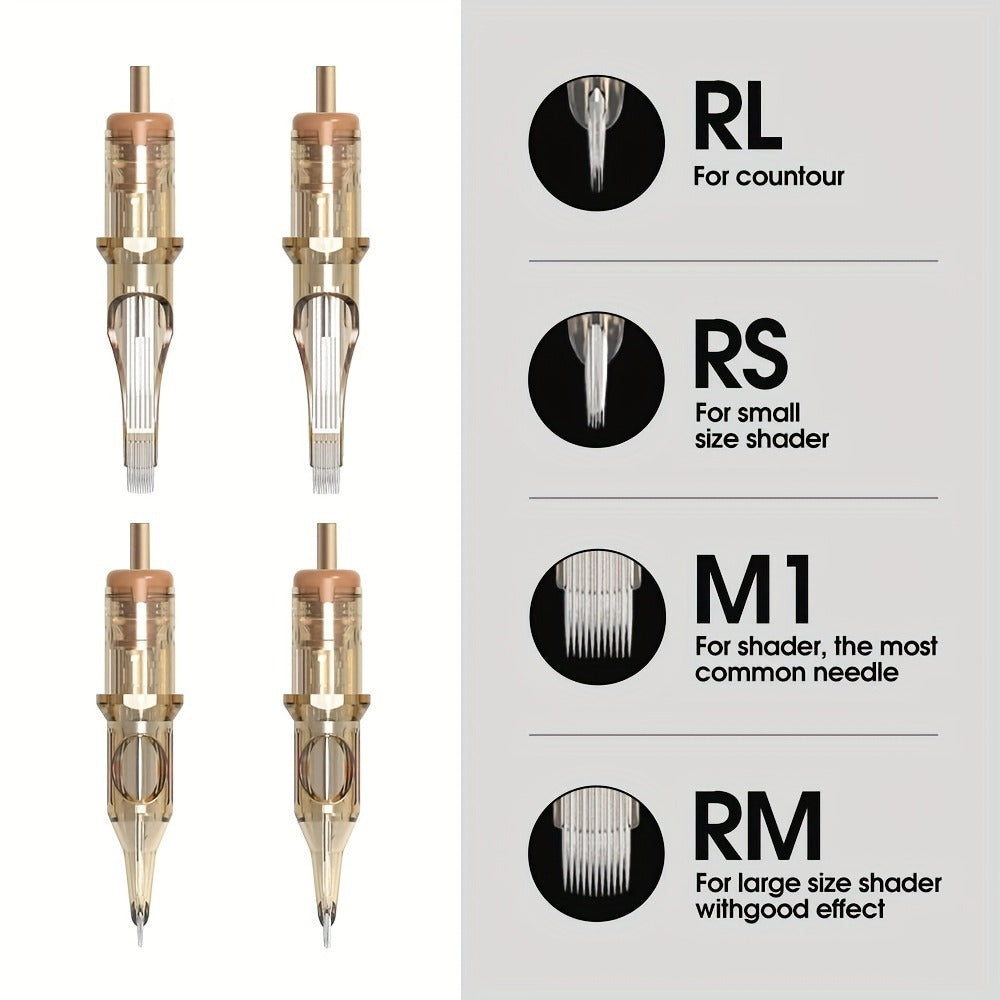 Box of 20 Ambition Tattoo Cartridge Needles in RL/RS/RM/M1 Sizes, Designed for Micropigmentation. These Disposable Needles Are Sterilized for Safe Use with Tattoo Machines