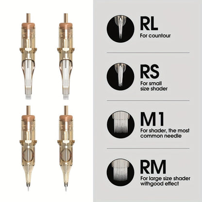 Tattoo Cartridge Needles 20pcs by Ambition – RL RS RM Sizes for Tattoo PMU & SMP | Disposable Sterilized Cartridges with Safety Membrane for Tattoo Machines