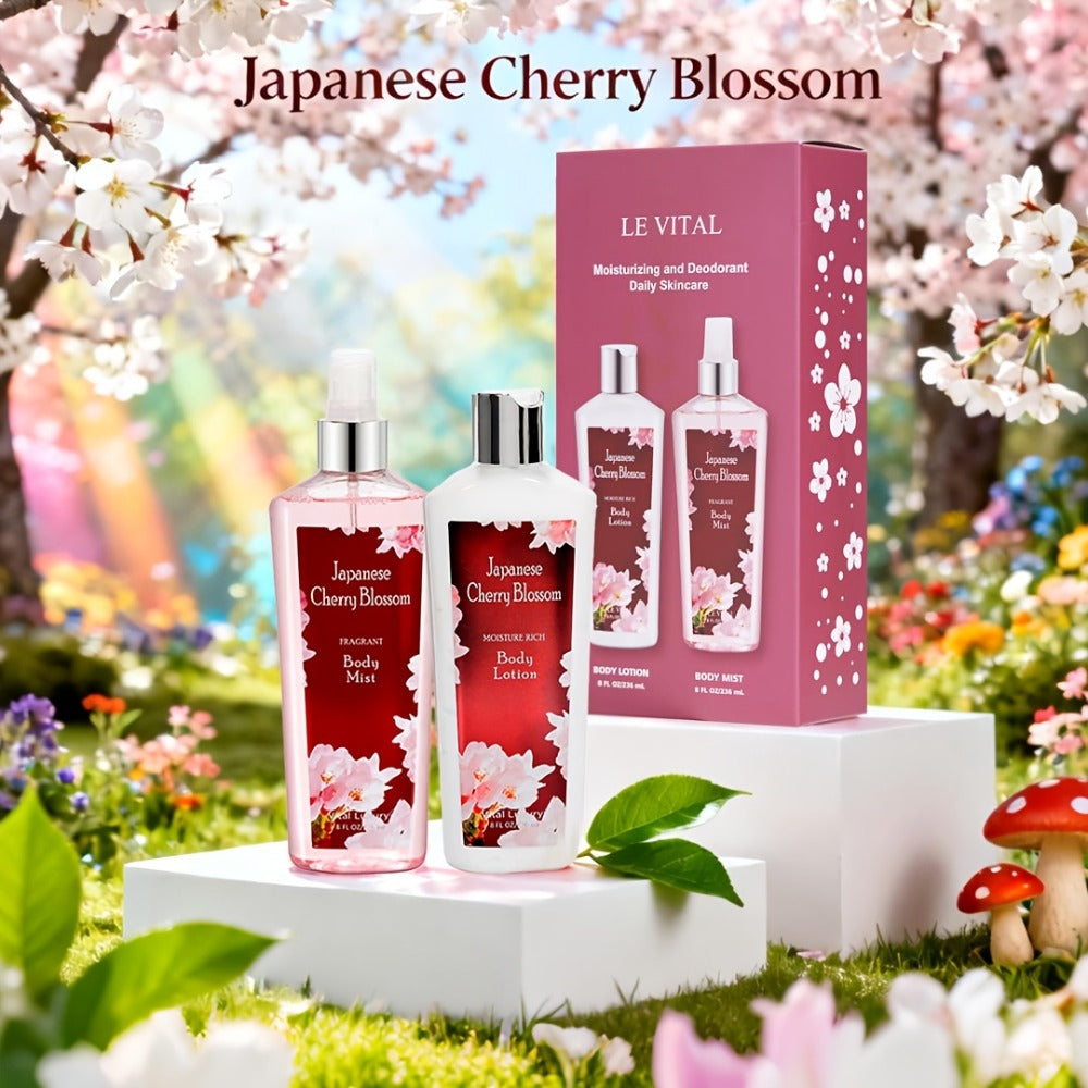 Cherry Blossom Fragrance Bath & Body Set | Body Lotion 8oz + Body Spray 8oz | Softens Skin, Retains Fragrance, Moisturizes And Refreshes. Suitable For All Seasons. A Thoughtful Valentine'S Gift For Mom, Wife, Sister Or Girlfriend!