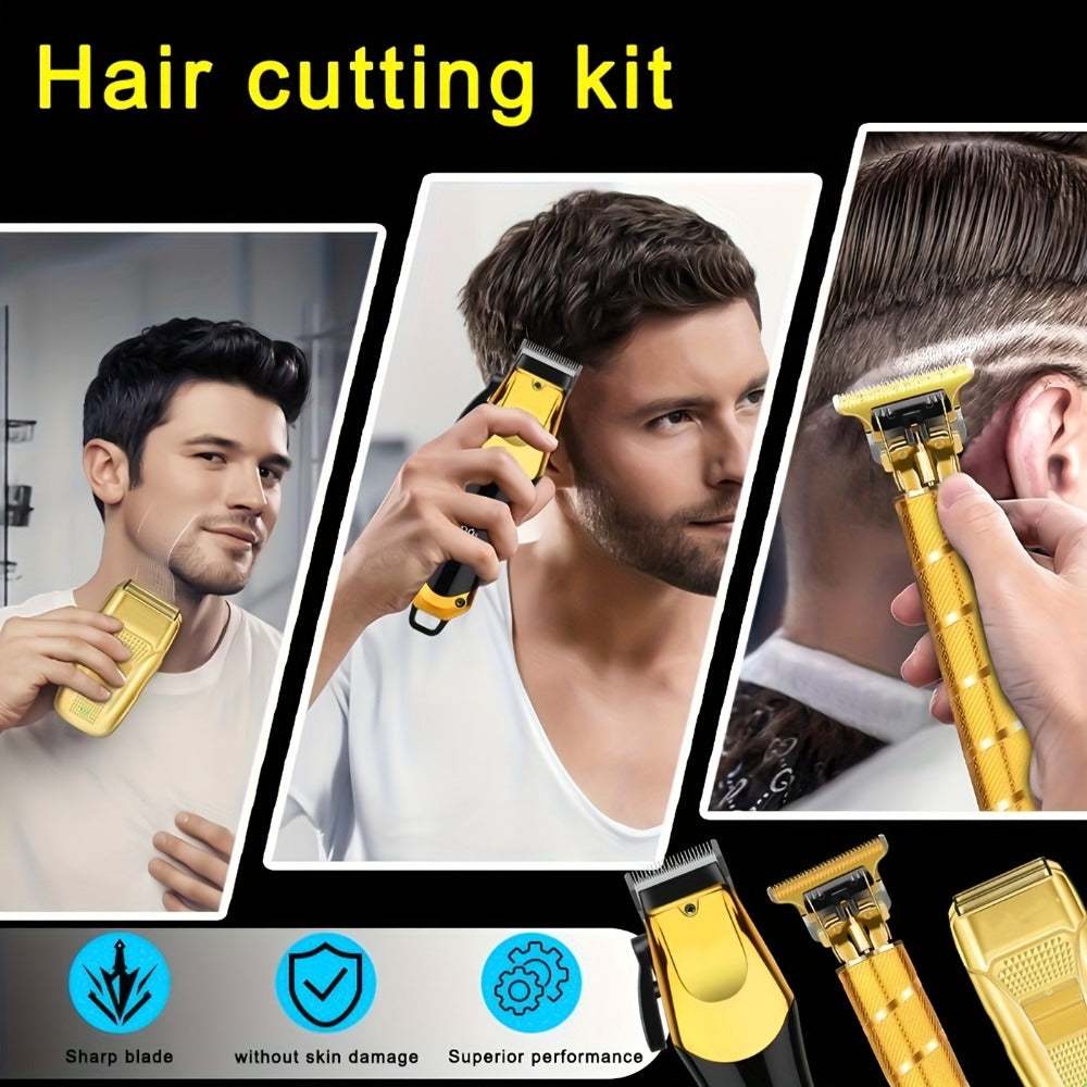 Golden Hair Cutting 1/3pcs Set, Men'S Grooming Kit. USB Rechargeable, LCD Display. Includes 1 Black And Golden Professional Hair Clipper + 1 Golden Men'S Razor + 1 Golden T-Blade Trimmer + 8 Guide Combs + 3 Cleaning Brushes + 1 Comb