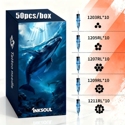Tattoo Cartridge Needles 50Pcs Blue Whale Disposable Mixed Size Round Liner RL Standard Cartridge Needle for Tattoo Artists & Beginners Body Art Design
