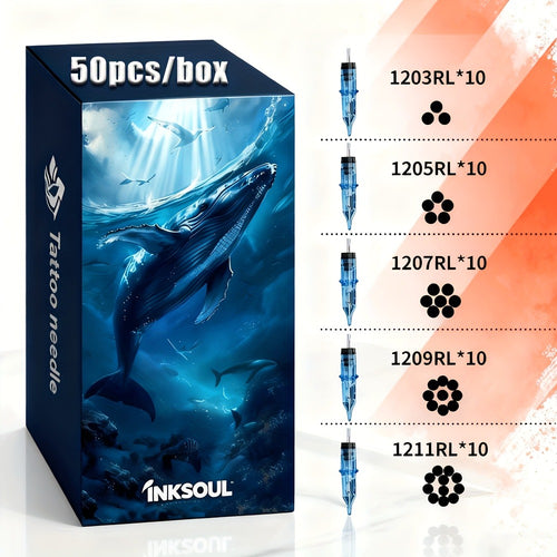 Tattoo Cartridge Needles 50Pcs Blue Whale Disposable Mixed Size Round Liner RL Standard Cartridge Needle for Tattoo Artists & Beginners Body Art Design