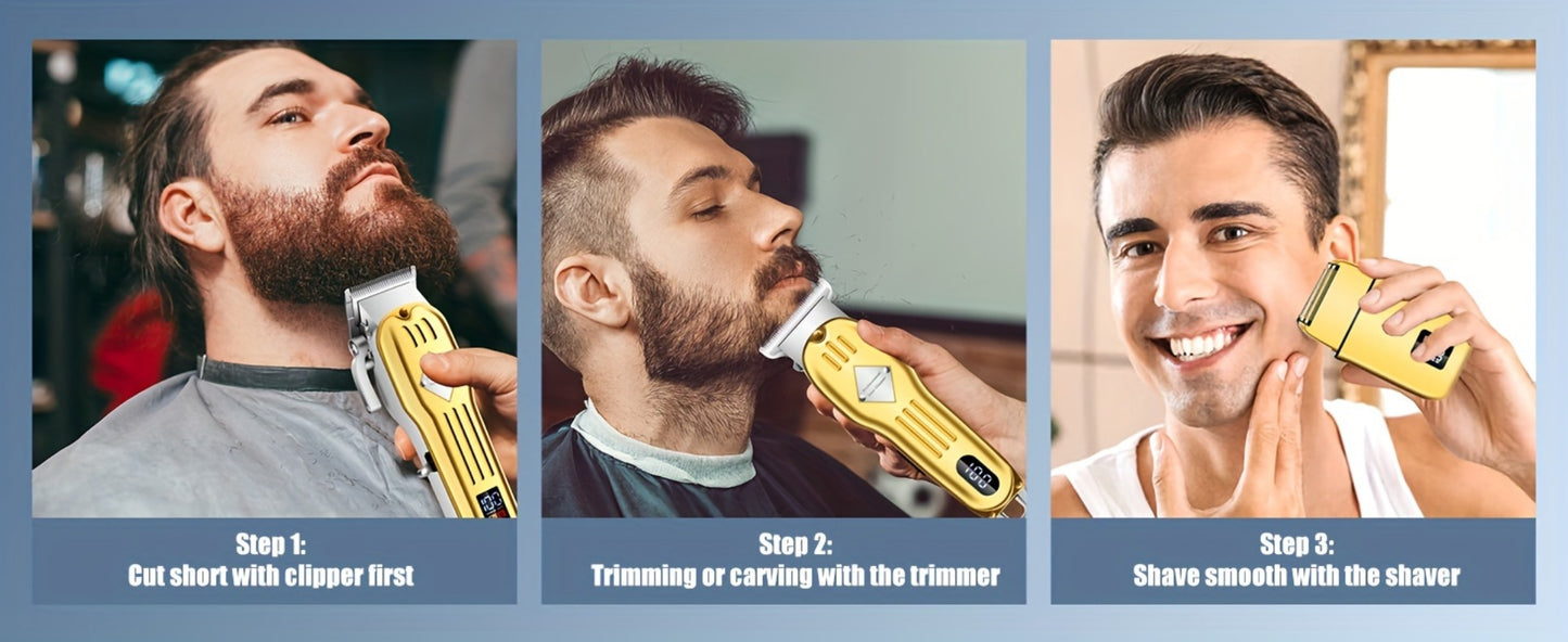 Grooming Combo Set for Men Hair Clipper Foil Shaver Detail Trimmer Adjustable Blades USB Rechargeable LCD Display Complete Accessories Home Barbershop Kit