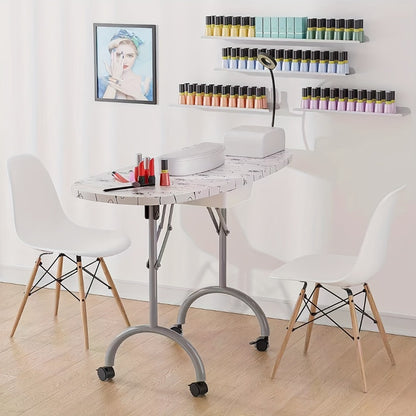 Foldable Nail Table with LED Lamp Drawer Lockable Wheels Wrist Cushion and Carrying Bag Portable Manicure Table for Nail Salon Technician Home Studio