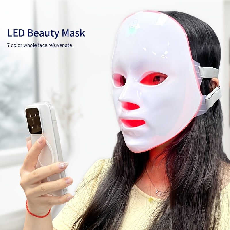 Portable LED Facial Mask Machine 7-Color Light Therapy USB Rechargeable - Lightweight Plastic Home Beauty Care Device for Skin Rejuvenation Anti-Aging Acne - Gift for Girlfriend Women