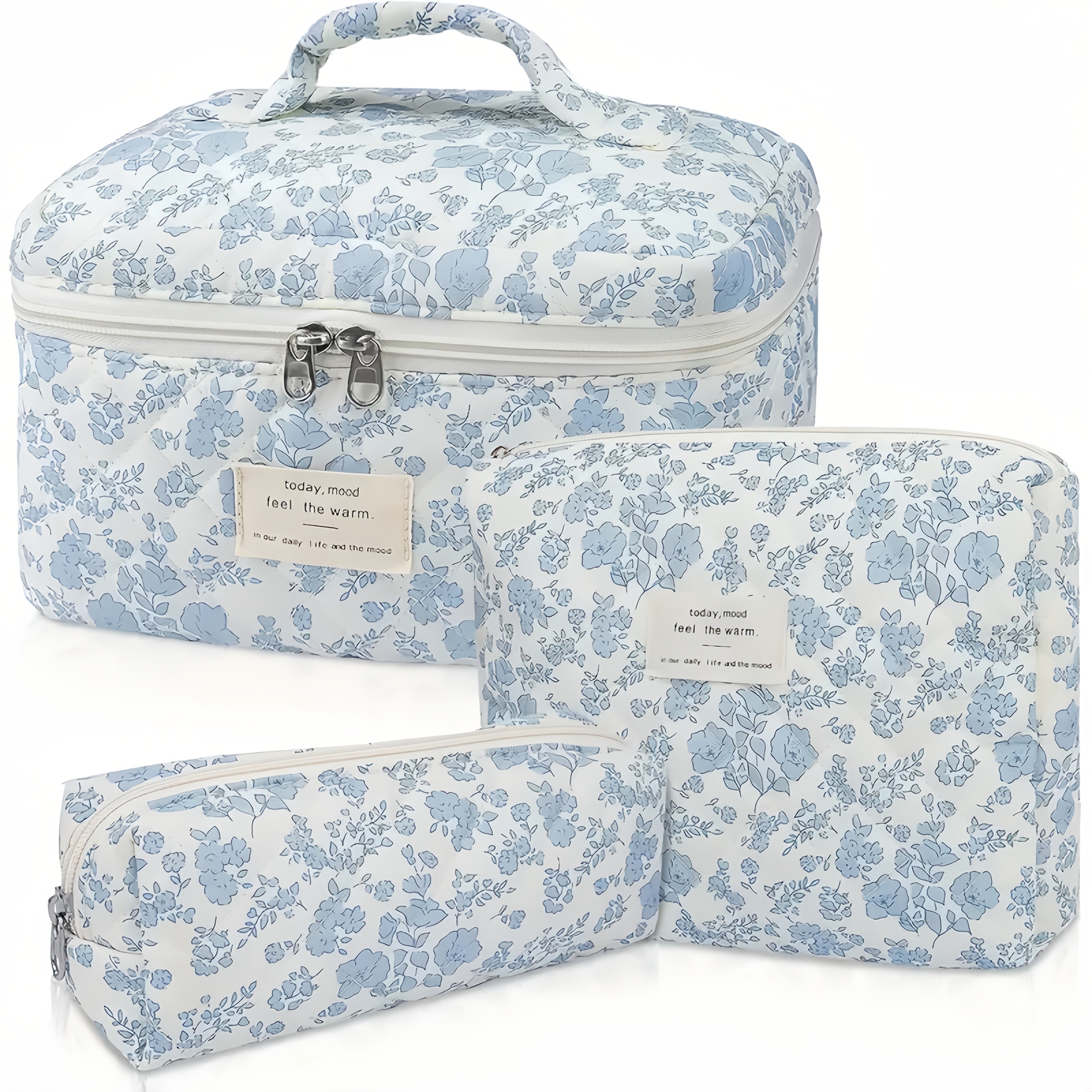 Large Capacity Floral Pattern Quilted Makeup Bag Set, 3 Counts Travel Cosmetic Bags, Stay Glam On-the-Go, Portable Zipper Makeup Organizer Pouches for Skincare, Cream, Lip Balm, Eyeliners, Makeup Tools, Makeup Container Set, Makeup Storage Organizer