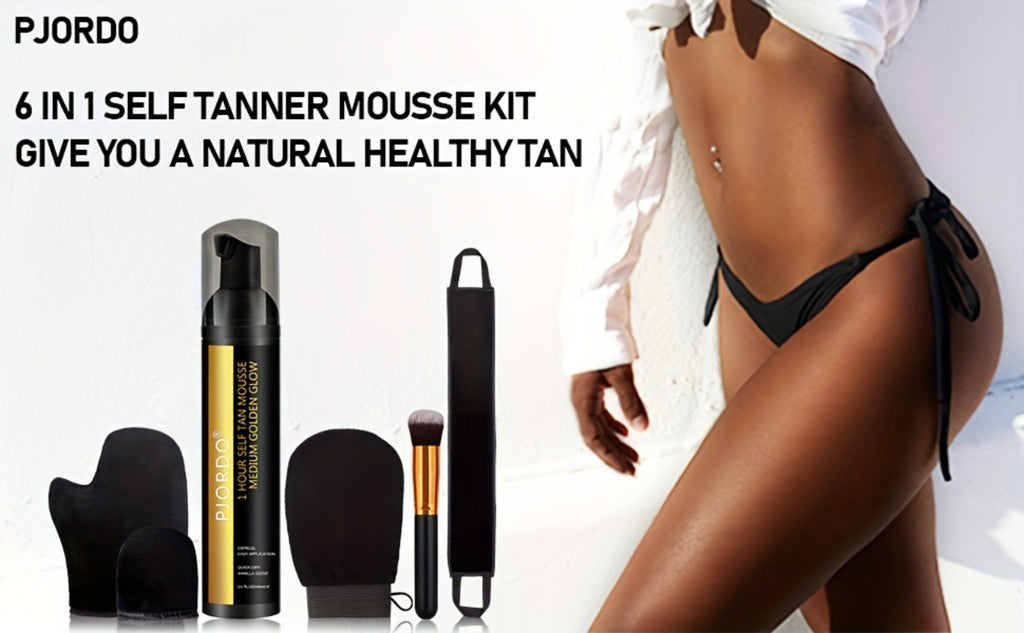 6pcs Pjordo Self Tanner 3.38oz Set, Self Tanner Mousse With Self Tanning Mitt Applicator Kit, 1 Hour Sunless Tanner, Fast Self Tan, Long Lasting Self Tanning Foam, No Fake Tan Smell, Holiday Gifts