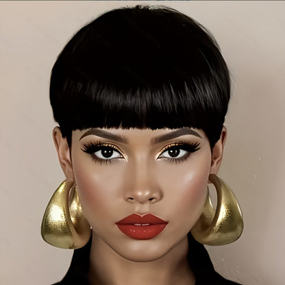 Human Hair Pixie Cut Wig with Bangs 180% Density No Glue Machine Made Breathable Cap Women Black Burgundy Short 6 Inch Daily Wear Party