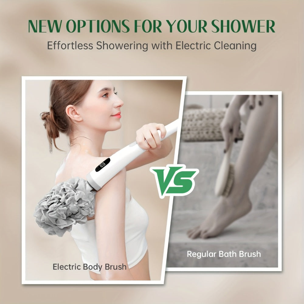 Electric Body Scrubber Brush with 3 Replaceable Heads - Dual Speed Shower Back Cleaner African Bath Sponge for Skin Exfoliation Cleansing & Massage