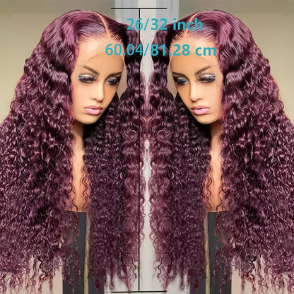 Lace Front Wig 200% Density HD Transparent Lace Curly Deep Wave 99J Burgundy Glueless Wig Pre Plucked Bleached Knots Natural Hairline Long Voluminous Women 32 Inch