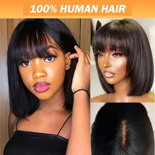 Glueless Brazilian Remy Human Hair Wig - Natural Color Short Bob with Bangs, 4x1 HD Lace Front, 180% Density Straight Put On Go Wig for Women Suitable for Skin Tones & Daily Wear