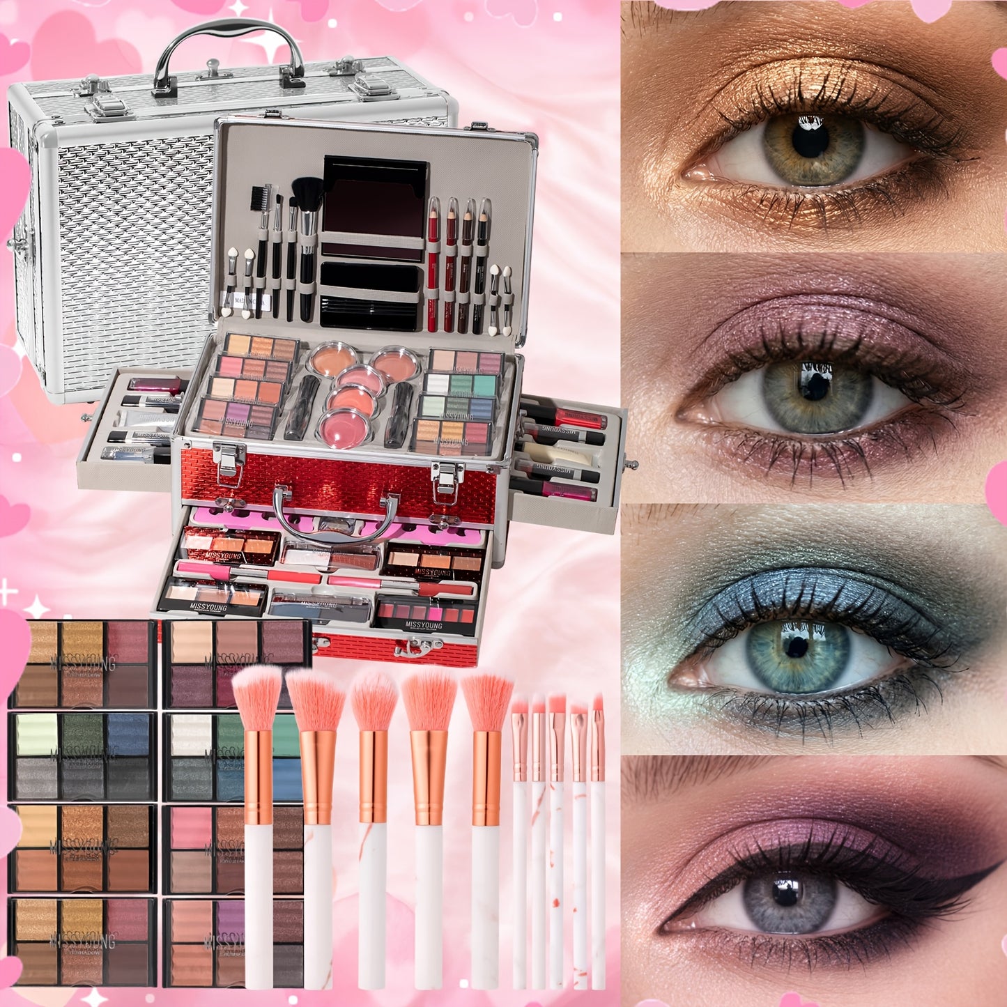 Complete Makeup Kit with Aluminum Travel Case & Mirror - Full Set Eyeshadow Blush Lipstick Foundation Eyeliner Mascara & Brushes - Gift for Women Girls Beginners, Silver & Red