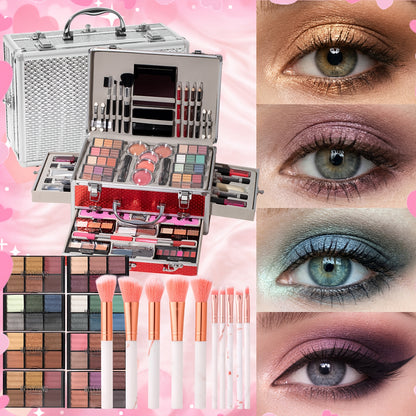 Complete Makeup Kit with Aluminum Travel Case & Mirror - Full Set Eyeshadow Blush Lipstick Foundation Eyeliner Mascara & Brushes - Gift for Women Girls Beginners, Silver & Red