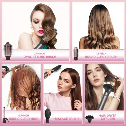 5-in-1 Hot Air Styling Comb Set Negative Ion Hair Dryer Brush Straightening Comb Round Curling Iron Oval Brush Interchangeable Heads for Women Mother's Day Gift