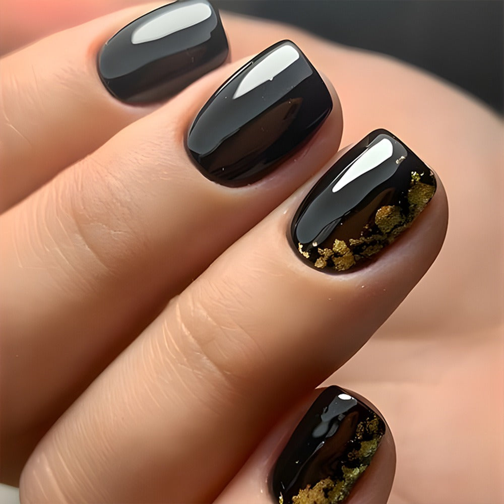 96 Pcs Black Press on Nails Short Square - Cute Summer Fake Nails Glossy False Nails Press ons Full Cover Nail Tips with Ice Cracks Design Acrylic Nail Kit Stick on Nails for Women