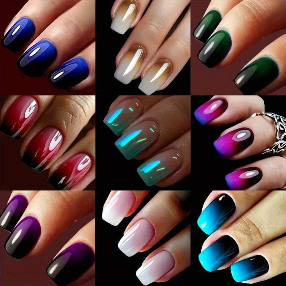 Short Square Fake Nail Glossy False Nails with Designs Gradient Glossy Press on Nails 216pcs (9 PACK) Acrylic Nails Glue on Nails Full Cover Stick on Nails for Women and