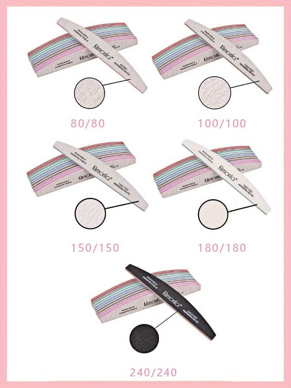 High-Quality Nail Filing And Shaping Tools, Including Gray Sanding Strips And Half-Moon Files, Available in Packs of 5 Or 10, Complete with an OPP Bag.