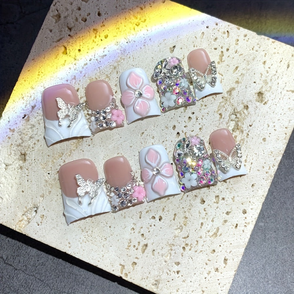 10pcs Short Duckbill White French Matching Golden Glitter Butterfly Hand-carved Flower Pinched Butterfly Flower Gorgeous Nail Art Pure Hand-worn Nail Artificial Nails Suitable for Wedding Party Daily Birthday Gifts
