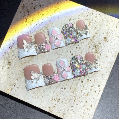 False Nails Short Duckbill White French – Golden Glitter Butterfly & Hand-Carved Flower | Gorgeous Handmade Nail Art for Wedding, Party & Daily Wear, 10pcs S/M/L