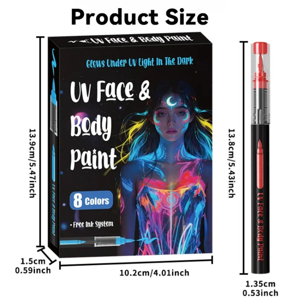 Face Body Paint Pen Set 8 Colors with 105 Tattoo Stencils - Glow in the Dark Neon Face Paint Easy Apply for Party Halloween Festival Stage Body Art