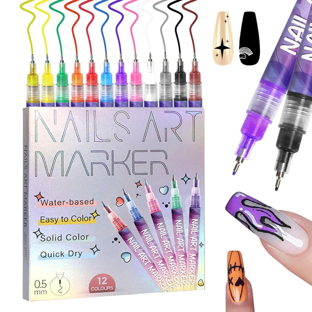 12pcs DIY Nail Art Pens Fashion Nail Art Fine Decorations - Easily Create Complex Designs - Easy-to-Use Multi-Occasion DIY Nails - 0.5mm Nail Art Pen Set - Ideal Christmas & New Year Gift