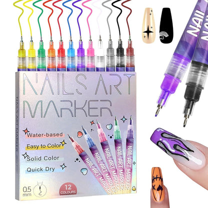 Nail Art Pens Set 12Pcs 0.5mm Fine Tip Round Head Nail Art Brush for DIY Nail Designs Detailed Line Drawing Nail Decoration Tools for Beginners and Professionals