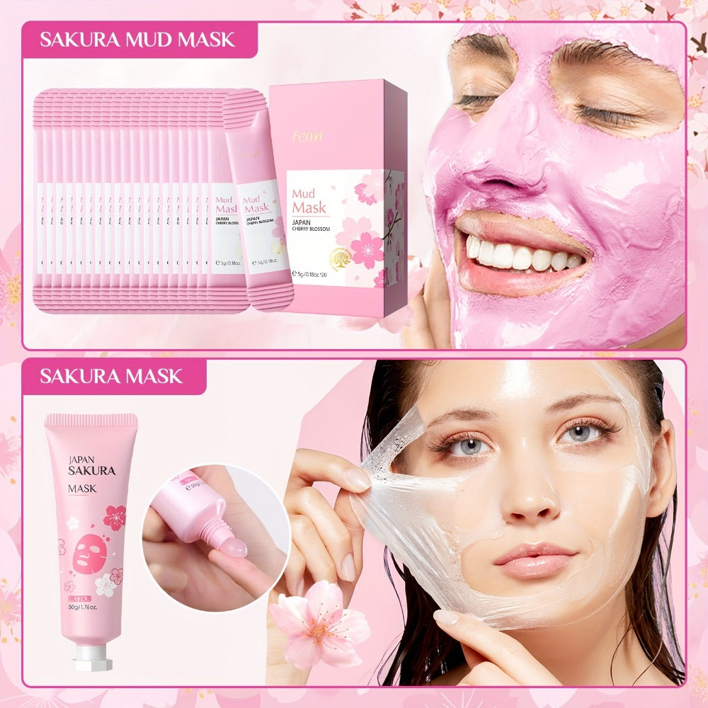 Cherry Blossom Skincare Gift Set, Facial Care Set with Essence Cream, Cleanser, Toner, Eye Cream, Mud Mask, Exfoliating Mask, Eye Mask, Toning Cream, Lip Balm, Etc., Birthday Mother's Day Gift for Female s