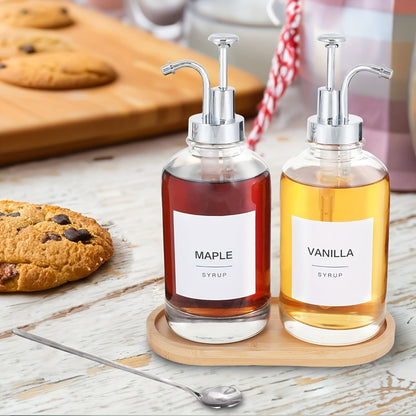 Glass Syrup Dispenser with Pump 4 Pack 16.9oz 500ml Set with Silicone Funnel and Labels Coffee Bar Accessories Condiment Dispenser for Simple Syrup Sauce Kitchen