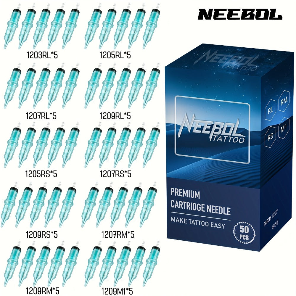 50pcs Neebol Tattoo Cartridge Needles Mixed Size Assorted Round Liner Shader Magnum Curved/Round Mag #12 Tattoo Needles With Membrane 3RL 5RL 7RL 9RL 5RS 7RS 9RM 15RM 7M1 15M1 For Tattoo Machine Kit Tattoo Supplies, Body Art Makeup Easter Gifts