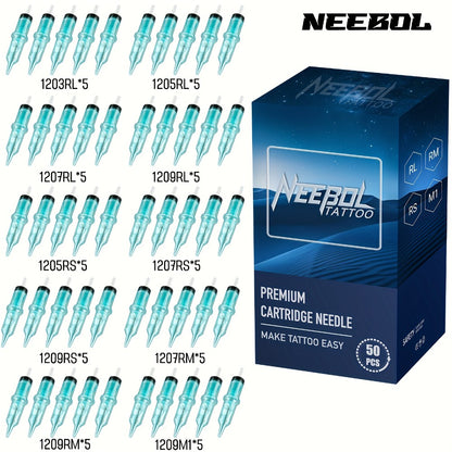 Tattoo Cartridge Needles Mixed Sizes 50pcs — Round Liner Shader Magnum Disposable Sterilized Safety Needles for Tattoo Machine Pen Professional Body Art Supplies